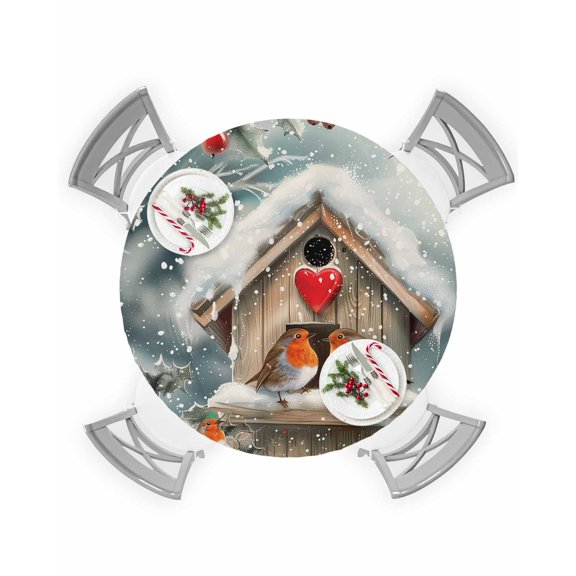 Round Tablecloth with Elastic Winter Christmas Robin Snowflakes Holly Snow Scene Waterproof Table Cover Wipeable Fitted Table Cloths for 45"-54" Round Tables Dining Kitchen Indoor Outdoor Use