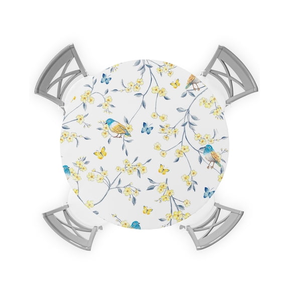 Round Tablecloth with Elastic Yellow Flowers Robin on Branch Summer Floral Watercolor Waterproof Stain-proof Table Cover Wipeable Fitted Table Cloths for 36"-44" Round Tables Dining Kitchen