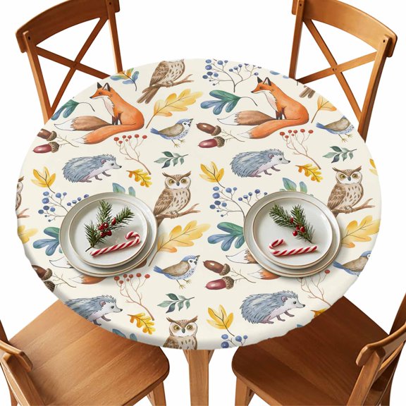 Round Tablecloth Fall Autumn Leaves Animals Elastic Edge Fitted Owl Fox Hedgehog Bird Plastic Table Cover,Waterproof Oil Proof for Dinner,Outdoor, Picnic, 45"- 54" DIA Tables