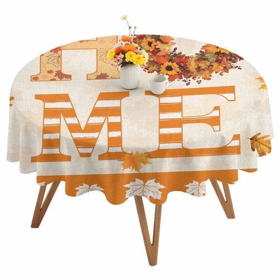 Round Tablecloth Fall Thanksgiving HOME Sign Waterproof Oil Proof Polyester Table Cloth Cover Decor for Home Dining Outdoor,Patio,Parties, 54" Dia. Farmhouse Orange Pumpkin Maple Leaf