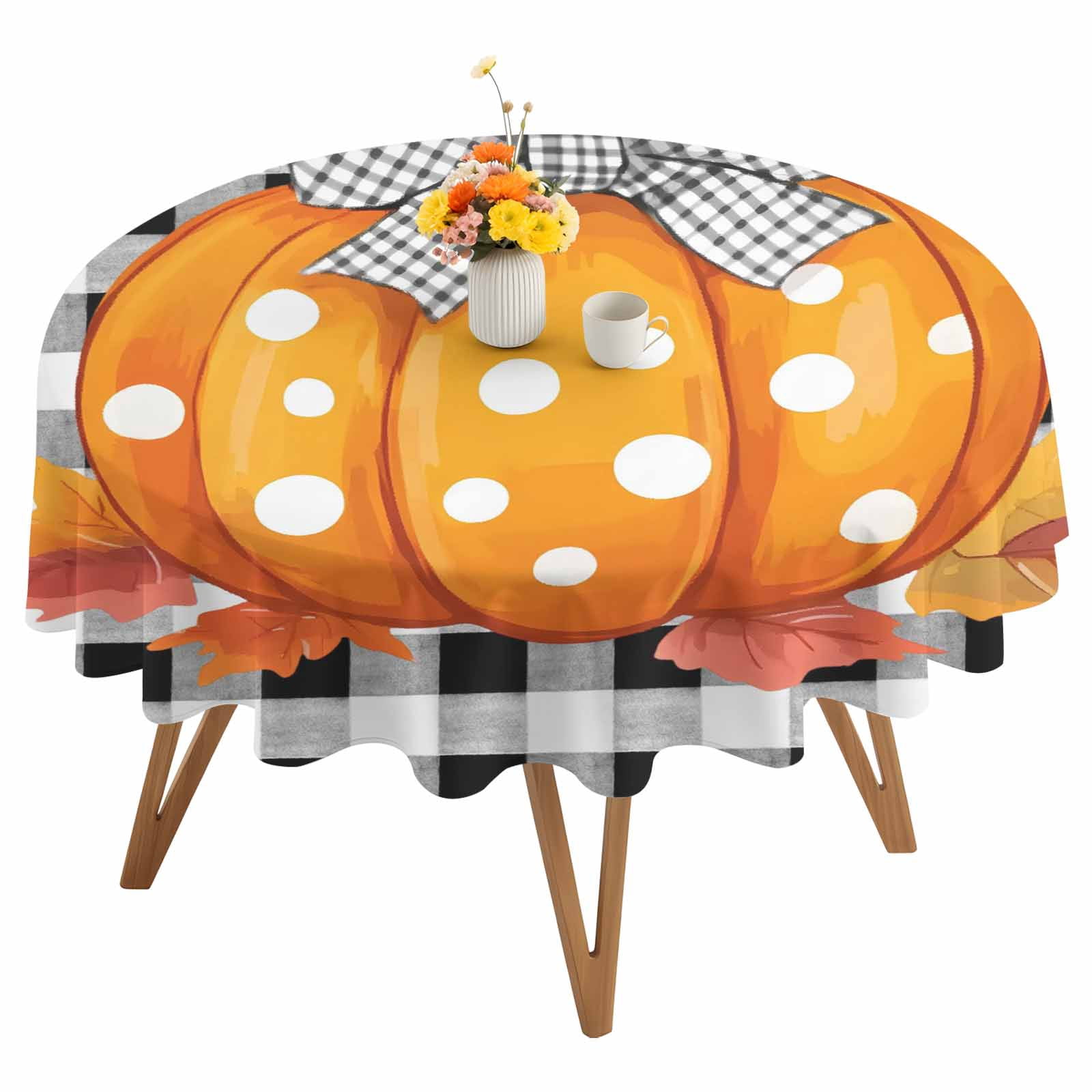 Round Tablecloth Fall Thanksgiving Waterproof Oil Proof Polyester Table Cloth Cover Decor for Home Dining Outdoor,Patio,Parties, 54" Dia. Farmhouse Pumpkins Black Whtie Plaid