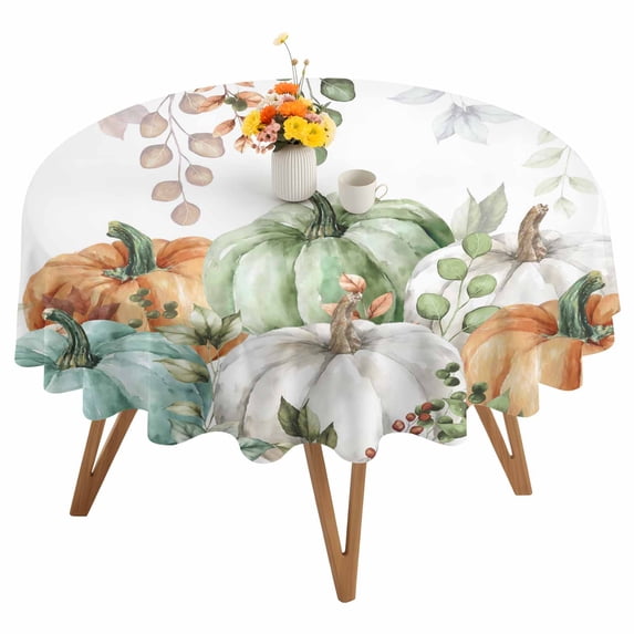 Round Tablecloth Fall Thanksgiving Waterproof Oil Proof Polyester Table Cloth Cover Decor for Home Dining Outdoor,Patio,Parties, 54" Dia. Orange White Green Pumpkin Leaf