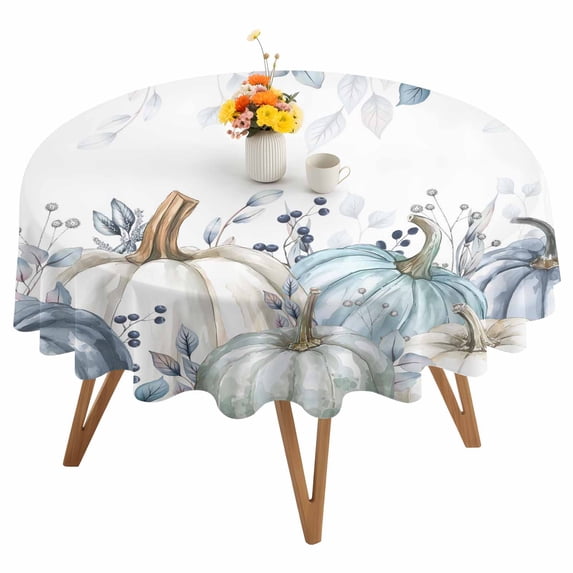 Round Tablecloth Fall Thanksgiving Waterproof Oil Proof Polyester Table Cloth Cover Decor for Home Dining Outdoor,Patio,Parties, 60" Dia. Navy Blue White Pumpkins Leaves White