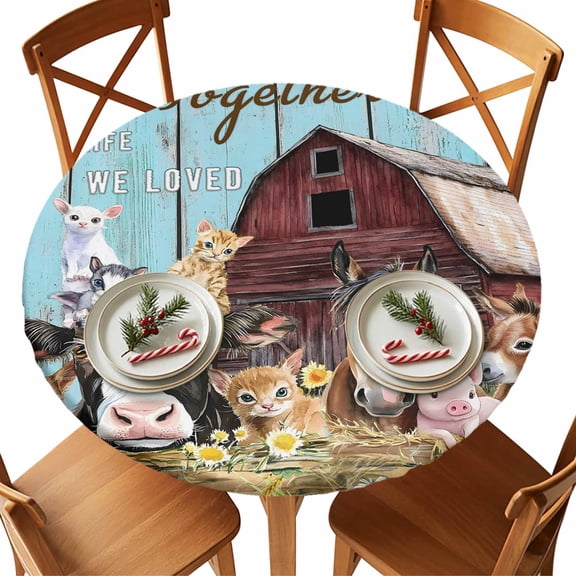 Round Tablecloth Farmhouse Elastic Edge Fitted Barn Horse Sheep Cat Pig Animal Plastic Table Cover,Waterproof Oil Proof for Dinner,Outdoor, Picnic, 36" - 44" DIA Tables Blue Brown