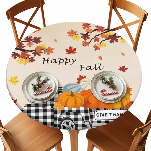 Round Tablecloth Farmhouse Plaid Truck Fall Thanksgiving Elastic Edge Fitted Orange Pumpkin Leaf Plastic Table Cover,Waterproof Oil Proof for Dinner,Outdoor, Picnic, 45"- 54" DIA Tables