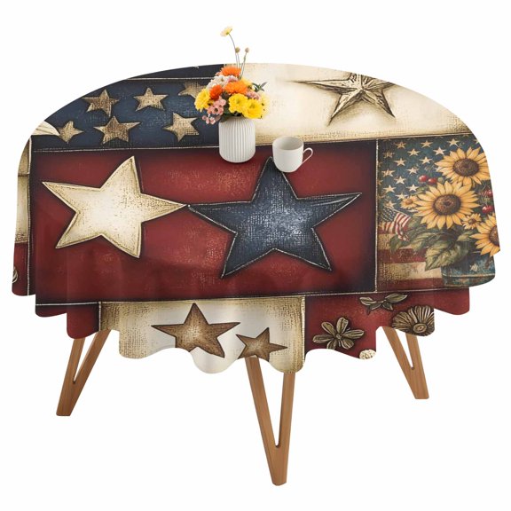 Round Tablecloth Farmhouse Primitive Barn Stars Waterproof Oil Proof Polyester Table Cloth Cover Decor for Home Dining Outdoor,Patio,Parties, 60" Dia. Retro American Flag Blue Red