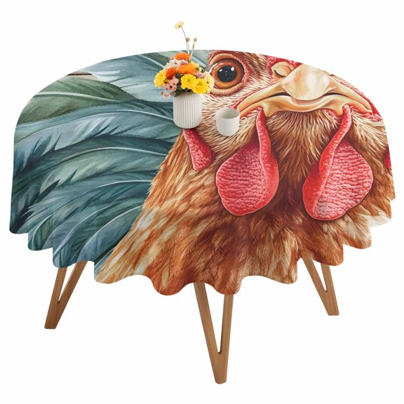 Round Tablecloth Farmhouse Rooster Waterproof Oil Proof Polyester Table Cloth Cover Decor for Home Dining Outdoor,Patio,Parties, 60" Dia. Rustic Wood Texture Red Brown