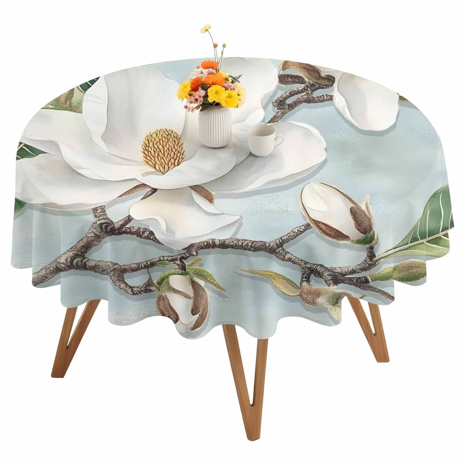 Round Tablecloth Farmhouse Rustic Magnolia Waterproof Oil Proof Polyester Table Cloth Cover Decor for Home Dining Outdoor,Patio,Parties, 60" Dia. White Green