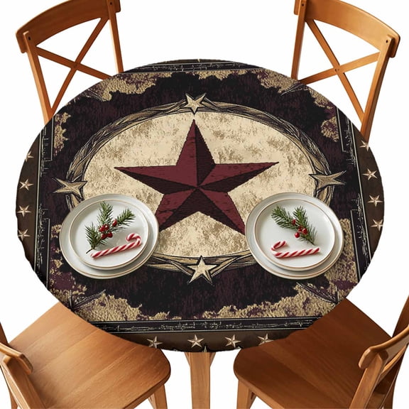 Round Tablecloth Farmhouse Star Western Elastic Edge Fitted Brown Rustic Plastic Table Cover,Waterproof Oil Proof for Dinner,Outdoor, Picnic, 36" - 44"&nbsp; DIA Tables