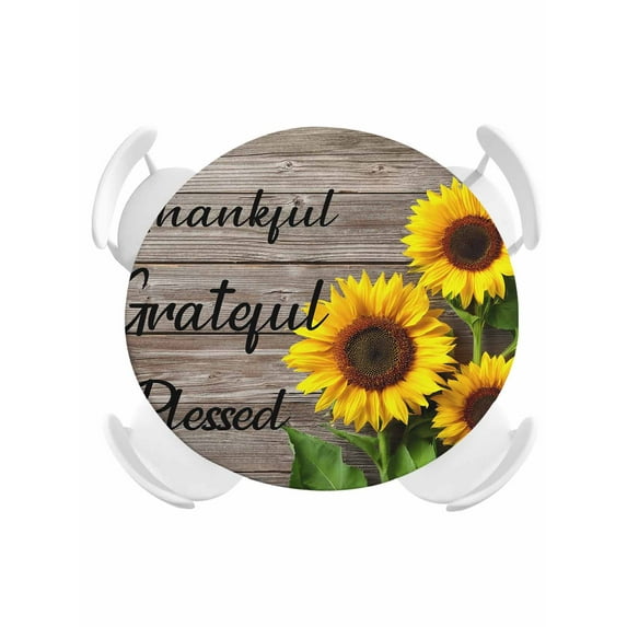 Round Tablecloth Farmhouse Sunflower Elastic Edge Fitted Positive Quotes Thankful Grateful Plastic Table Cover,Waterproof Oil Proof for Dinner,Outdoor, Picnic, 45"- 54" DIA Tables