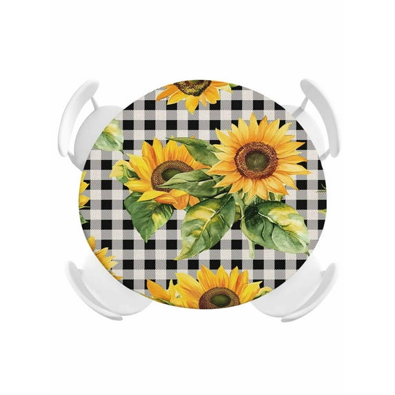 Round Tablecloth Farmhouse Sunflower Elastic Edge Fitted Vintage Floral Black Buffalo Plaid Plastic Table Cover,Waterproof Oil Proof for Dinner,Outdoor, Picnic, 55"- 60" DIA Tables