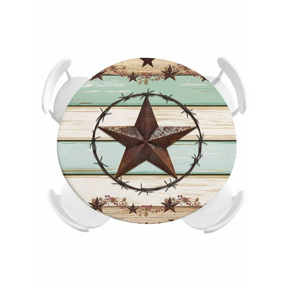 Round Tablecloth Farmhouse Vintage Elastic Edge Fitted Farm Star Bless Our Home Plastic Table Cover,Waterproof Oil Proof for Dinner,Outdoor, Picnic, 36" - 44" DIA Tables Brown Green