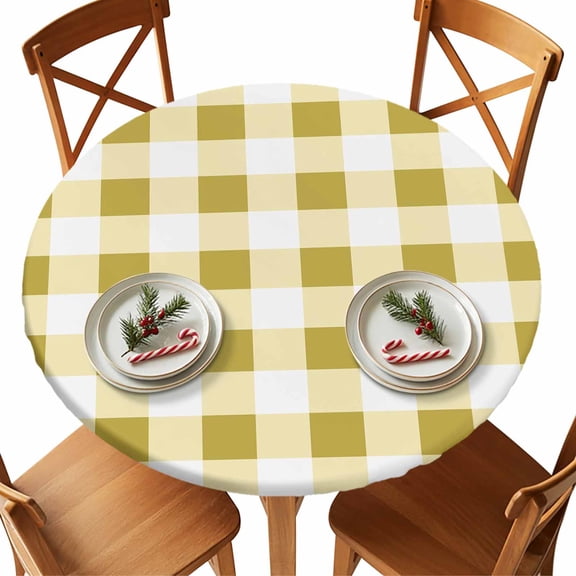 Round Tablecloth Farmhouse Vintage Elastic Edge Fitted Gingham Checkered Texture Plastic Table Cover,Waterproof Oil Proof for Dinner,Outdoor, Picnic, 45"- 54" DIA Tables Yellow