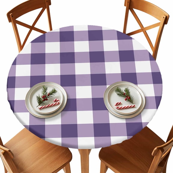 Round Tablecloth Farmhouse Vintage Elastic Edge Fitted Gingham Checkered Texture Plastic Table Cover,Waterproof Oil Proof for Dinner,Outdoor, Picnic, 45"- 54" DIA Tables Purple White