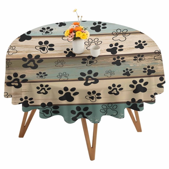 Round Tablecloth Farmhouse Vintage Waterproof Oil Proof Polyester Table Cloth Cover Decor for Home Dining Outdoor,Patio,Parties, 54" Dia. Pet Dog Paws Wood Texture Brown