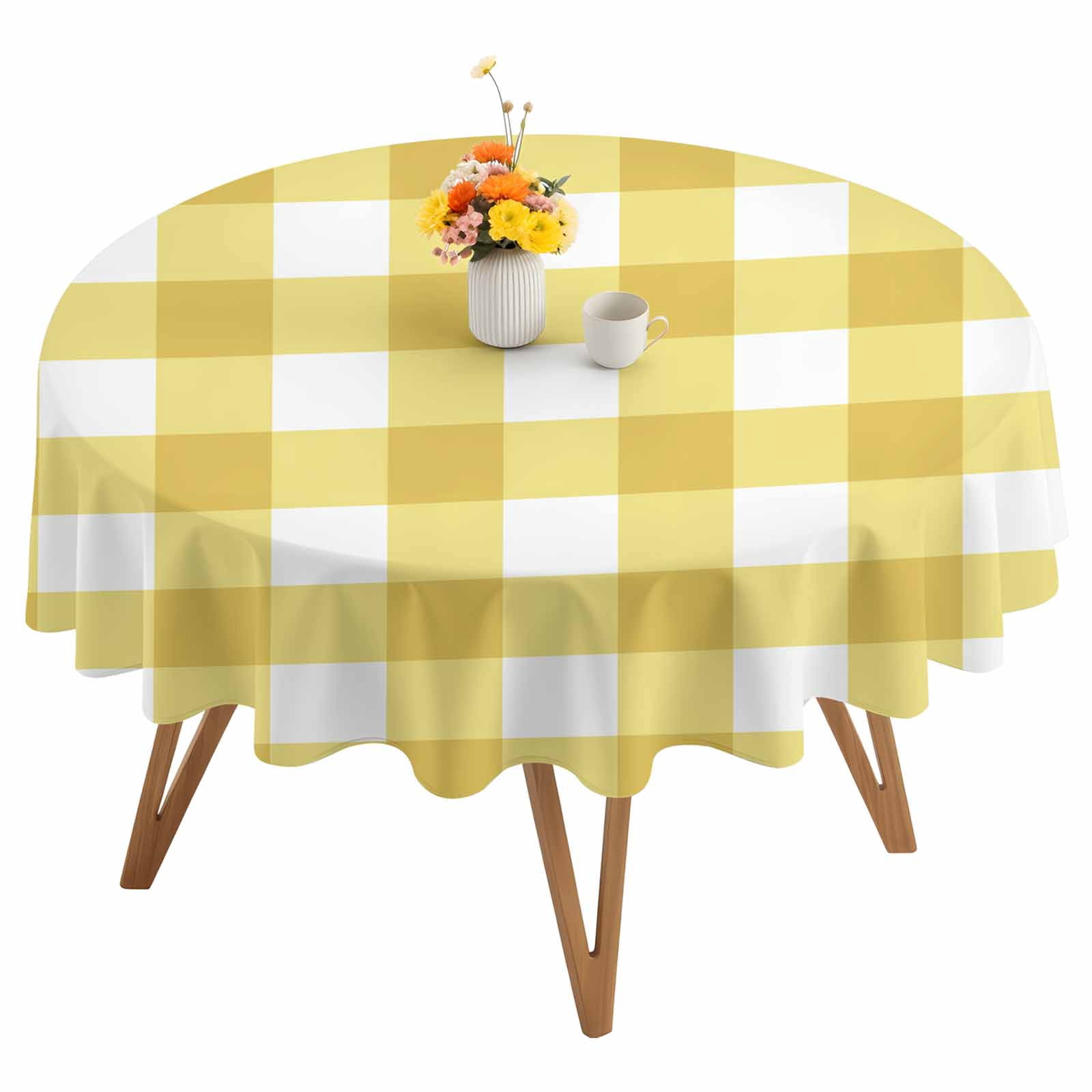 Round Tablecloth Farmhouse Vintage Waterproof Oil Proof Polyester Table Cloth Cover Decor for Home Dining Outdoor,Patio,Parties, 60" Dia. Gingham Checkered Texture Yellow White