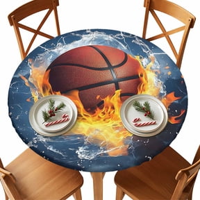 Round Tablecloth Fire and Ice Basketball Sports Elastic Edge Fitted Blue Plastic Table Cover,Waterproof Oil Proof for Dinner,Outdoor, Picnic, 55"- 60" DIA Tables