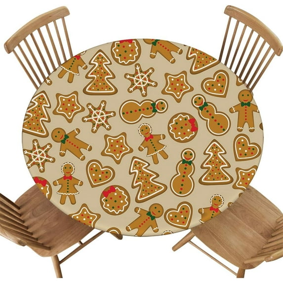Round Tablecloth, Fitted Elastic Edge Design, Christmas Background Cookies Gingerbread, Polyester Cover for Camping, Party Decor, Fit for Diameter 48.2"-52.1" Round Table