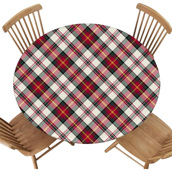 Round Tablecloth, Fitted Elastic Edge Design, Merry Christmas Plaid Stripe Background, Polyester Cover for Camping, Party Decor, Fit for Diameter 48.2"-52.1" Round Table
