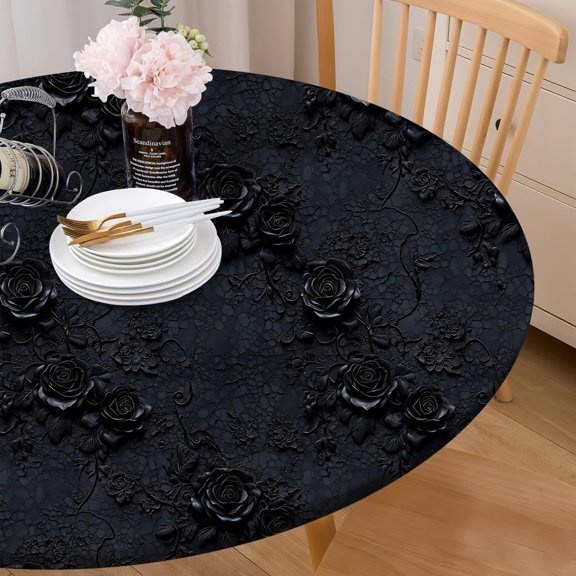 Round Tablecloth Fitted Elastic Edge Patio Table Covers Wrinkle Resistant Polyester Table Cloth for Picnic Camping Indoor and Outdoor，Black Background 3D Flower 36"-44"