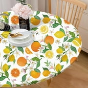 Round Tablecloth Fitted Elastic Edge Patio Table Covers Wrinkle Resistant Polyester Table Cloth for Picnic Camping Indoor and Outdoor Lemon Flower 36"-44"