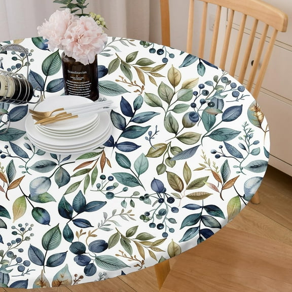 Round Tablecloth Fitted Elastic Edge Patio Table Covers Wrinkle Resistant Waterproof Vinyl Table Cloth for Picnic Camping Indoor and Outdoor,Watercolor Leaves and Berries 45"-56"