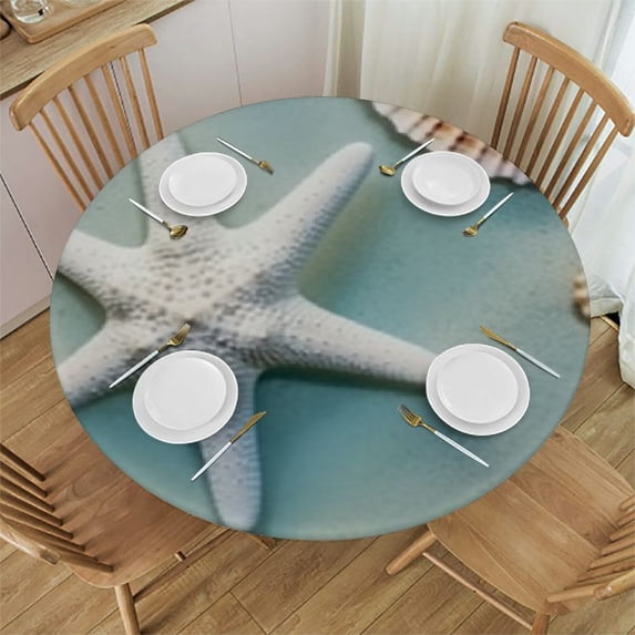 Round Tablecloth Fitted Table Cloth with Elastic Edge for Round Table, Summer Ocean Round Elastic Table Cover Waterproof Wipeable