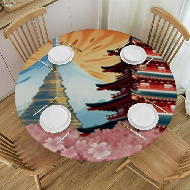 Round Tablecloth Fitted Table Cover with Elastic Edged Japanese Fuji ...