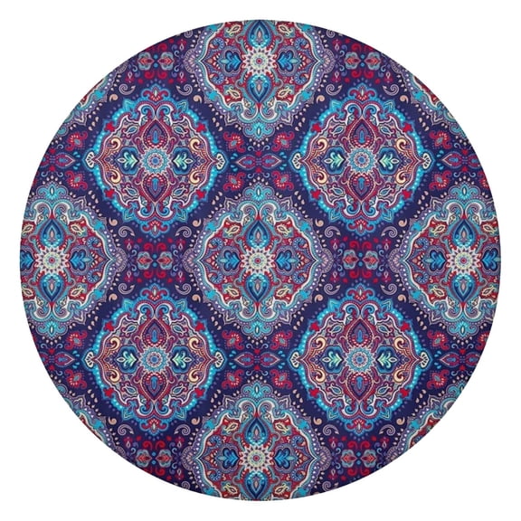 Round Tablecloth Fitted Waterproof, Artistic Geometric Retro Style Vinyl, Elastic Edge, Backed, Spill-Proof for Kitchen Dining Patio