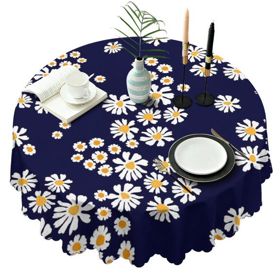 Round Tablecloth Floral Print Daisy 60 Inch Table Cover Wrinkle Free Dining Kitchen