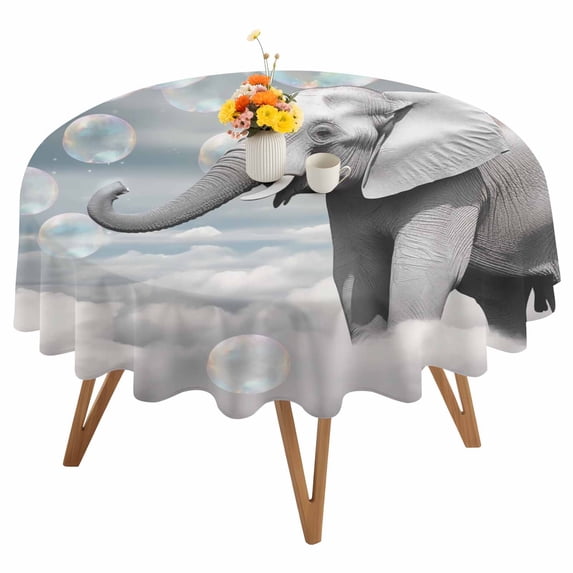 Round Tablecloth Funny Elephants Blow Bubbles Waterproof Oil Proof Polyester Table Cloth Cover Decor for Home Dining Outdoor,Patio,Parties, 54" Dia. Gray White