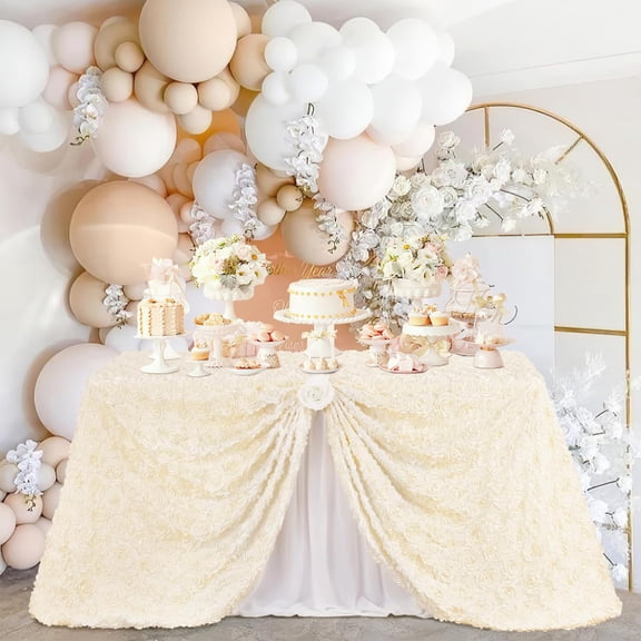 Round Tablecloth, Gaqring Elegant Stereoscopic Rose Polyester Table Cover, 47.24 Inch Wedding Cake Table Decor Machine Washable Stain Resistant, Beige