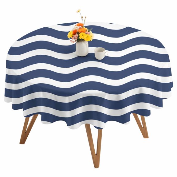 Round Tablecloth Geometric Nautical Striped Pattern Waterproof Oil Proof Polyester Table Cloth Cover Decor for Home Dining Outdoor,Patio,Parties, 60" Dia. Navy Blue White Wave Pattern