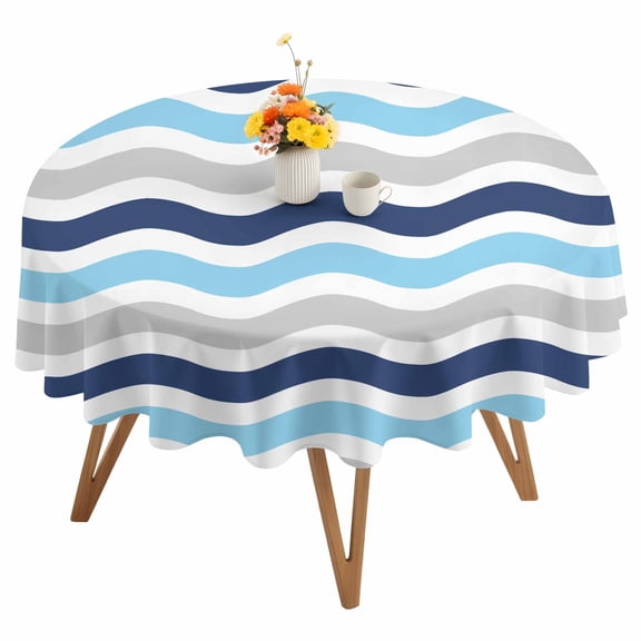 Round Tablecloth Geometric Striped Pattern Waterproof Oil Proof Polyester Table Cloth Cover Decor for Home Dining Outdoor,Patio,Parties, 54" Dia. Navy Blue Grey White Wave Pattern