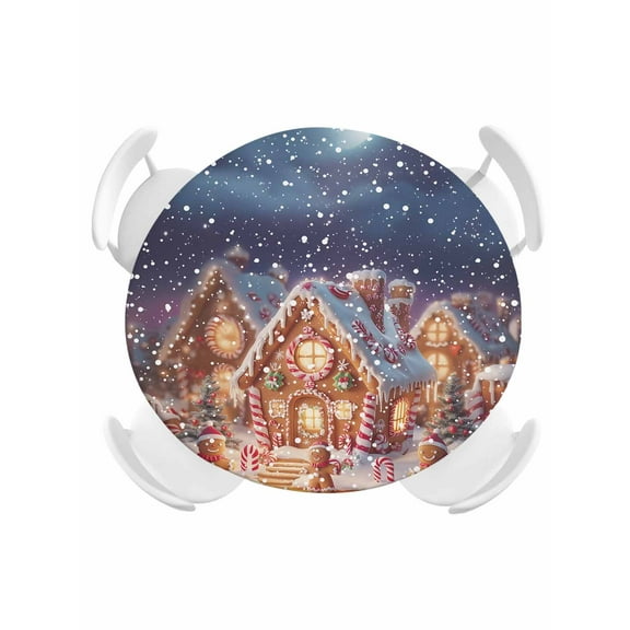 Round Tablecloth Gingerbread Man Christmas Elastic Edge Fitted Winter Snowy Scene Plastic Table Cover,Waterproof Oil Proof for Dinner,Outdoor, Picnic, 36" - 44" DIA Tables White