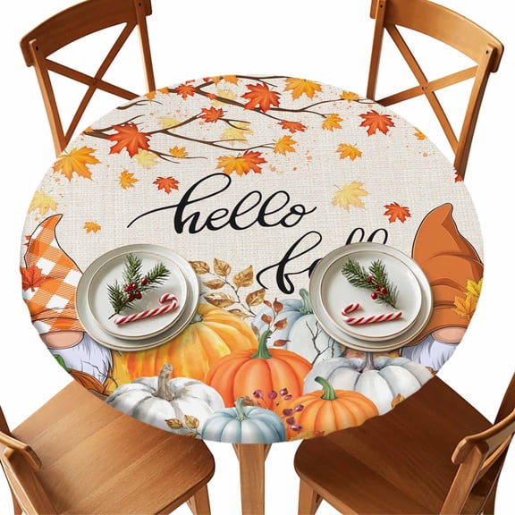 Round Tablecloth Gnome Pumpkin Fall Thanksgiving Elastic Edge Fitted Vintage Orange Leaf Farmhouse Plastic Table Cover,Waterproof Oil Proof for Dinner,Outdoor, Picnic, 45"- 54" DIA Tables