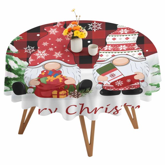 Round Tablecloth Gnomes Merry Christmas Waterproof Oil Proof Polyester Table Cloth Cover Decor for Home Dining Outdoor,Patio,Parties, 54" Dia. Winter Snowflakes Trees Red Plaid