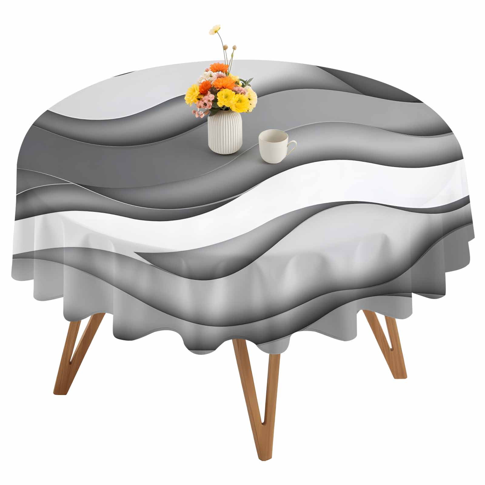 Round Tablecloth Gradient Grey White Beach Waterproof Oil Proof Polyester Table Cloth Cover Decor for Home Dining Outdoor,Patio,Parties, 54" Dia. Abstract Coastal Ocean Wave