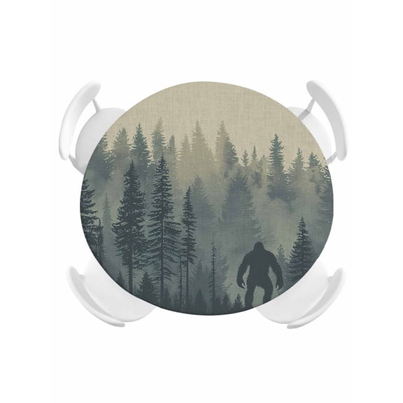 Round Tablecloth Green Rustic Misty Forests Elastic Edge Fitted Gorillas Silhouette Plastic Table Cover,Waterproof Oil Proof for Dinner,Outdoor, Picnic, 36" - 44"&nbsp; DIA Tables