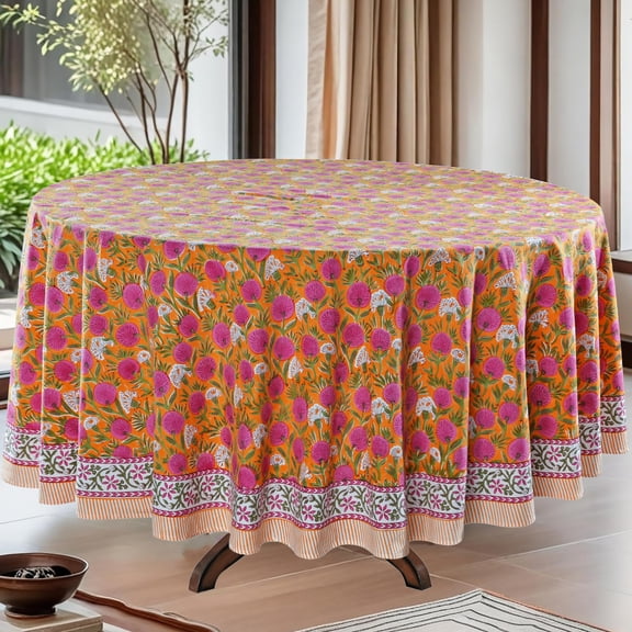 Round Tablecloth Hand Block Printton Reusable Bubblegum Pink 90 Inch Table Cover Decorative Everydaye For Dining Home Party Wedding Farmhouse Gift Spring Mother's Day