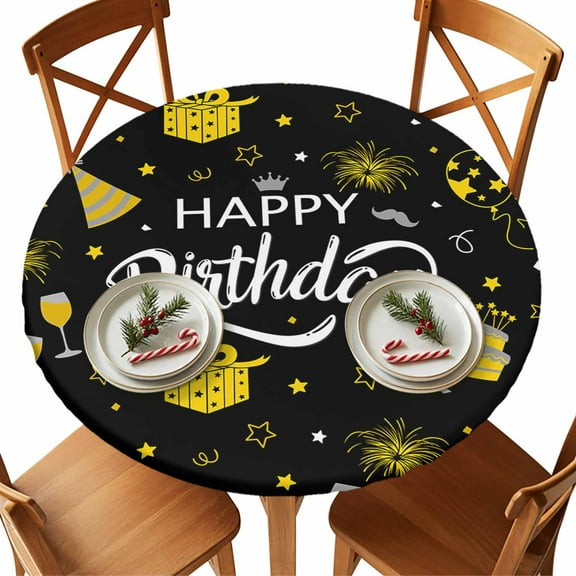 Round Tablecloth Happy Birthday Elastic Edge Fitted Cake Fireworks Plastic Table Cover,Waterproof Oil Proof for Dinner,Outdoor, Picnic, 55"- 60" DIA Tables Black Gold