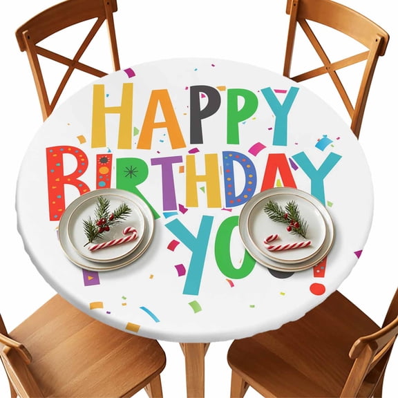 Round Tablecloth Happy Birthday Elastic Edge Fitted Color Ribbon Cheers Celebration Plastic Table Cover,Waterproof Oil Proof for Dinner,Outdoor, Picnic, 55"- 60" DIA Tables
