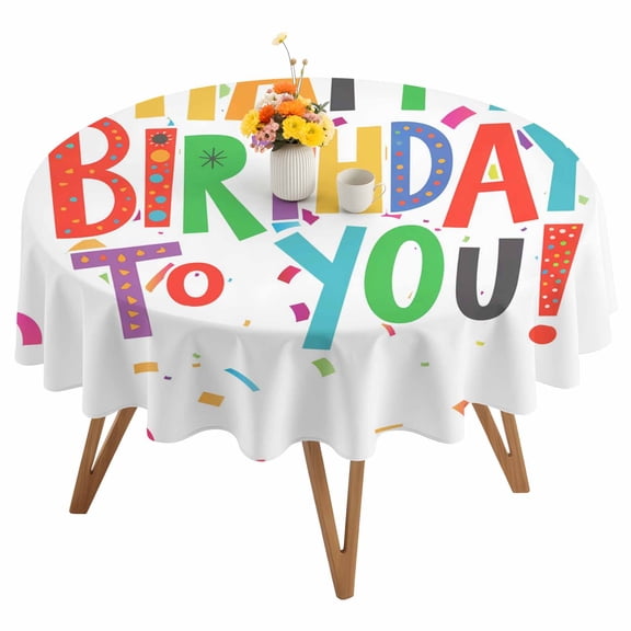 Round Tablecloth Happy Birthday Waterproof Oil Proof Polyester Table Cloth Cover Decor for Home Dining Outdoor,Patio,Parties, 54" Dia. Color Ribbon Cheers Celebration