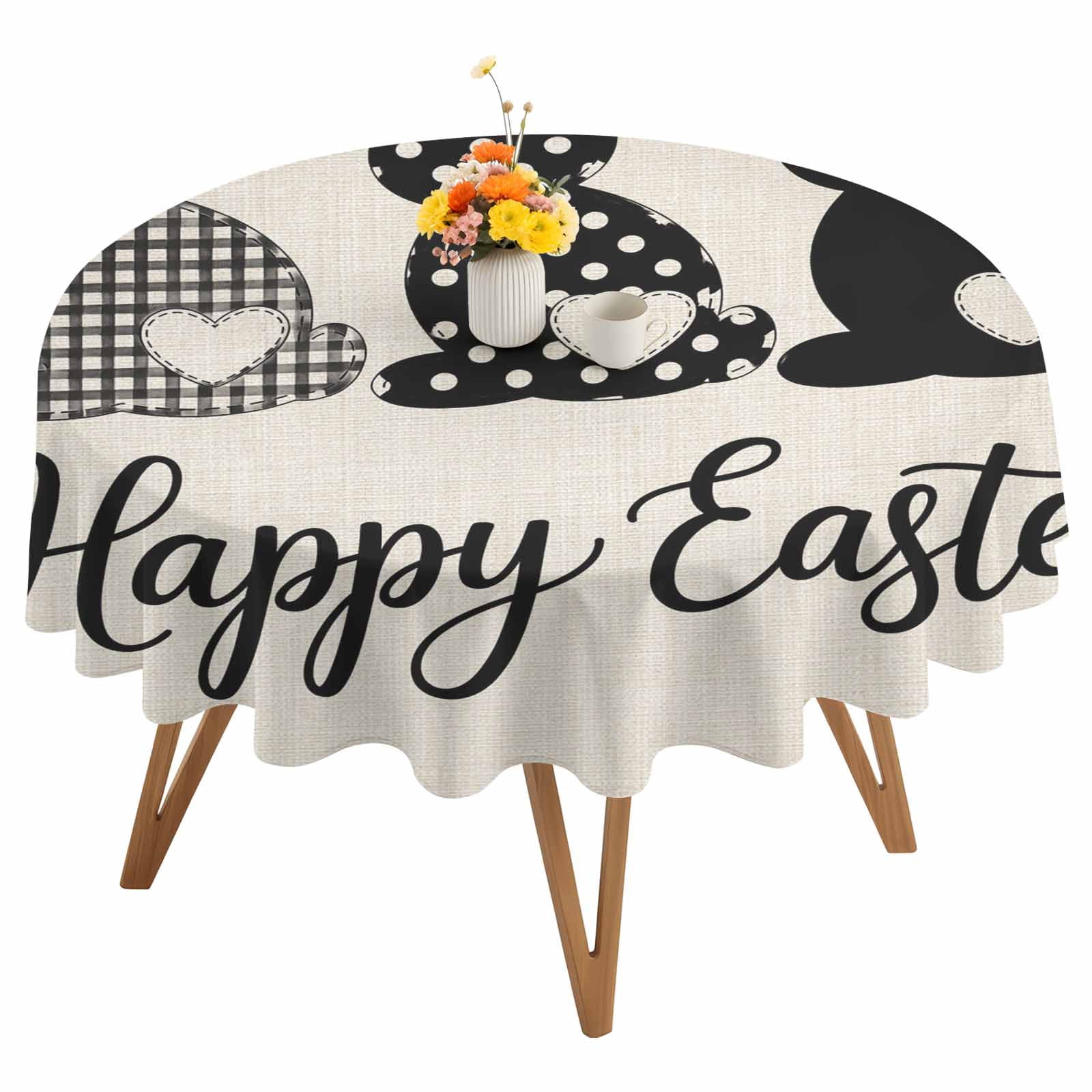 Round Tablecloth Happy Easter Waterproof Oil Proof Polyester Table Cloth Cover Decor for Home Dining Outdoor,Patio,Parties, 54" Dia. Easter Bunny Tails Beige
