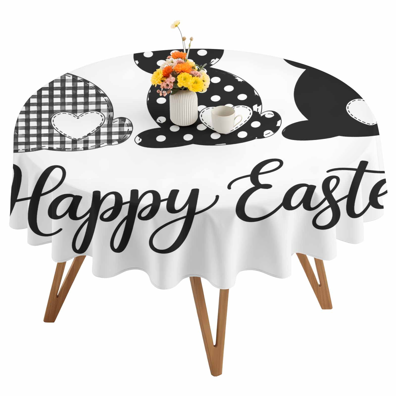 Round Tablecloth Happy Easter Waterproof Oil Proof Polyester Table Cloth Cover Decor for Home Dining Outdoor,Patio,Parties, 54" Dia. Easter Bunny Tails Black White
