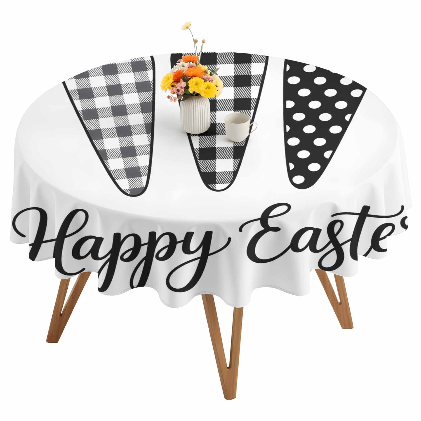 Round Tablecloth Happy Easter Waterproof Oil Proof Polyester Table Cloth Cover Decor for Home Dining Outdoor,Patio,Parties, 54" Dia. Farmhouse Plaid Carrots White