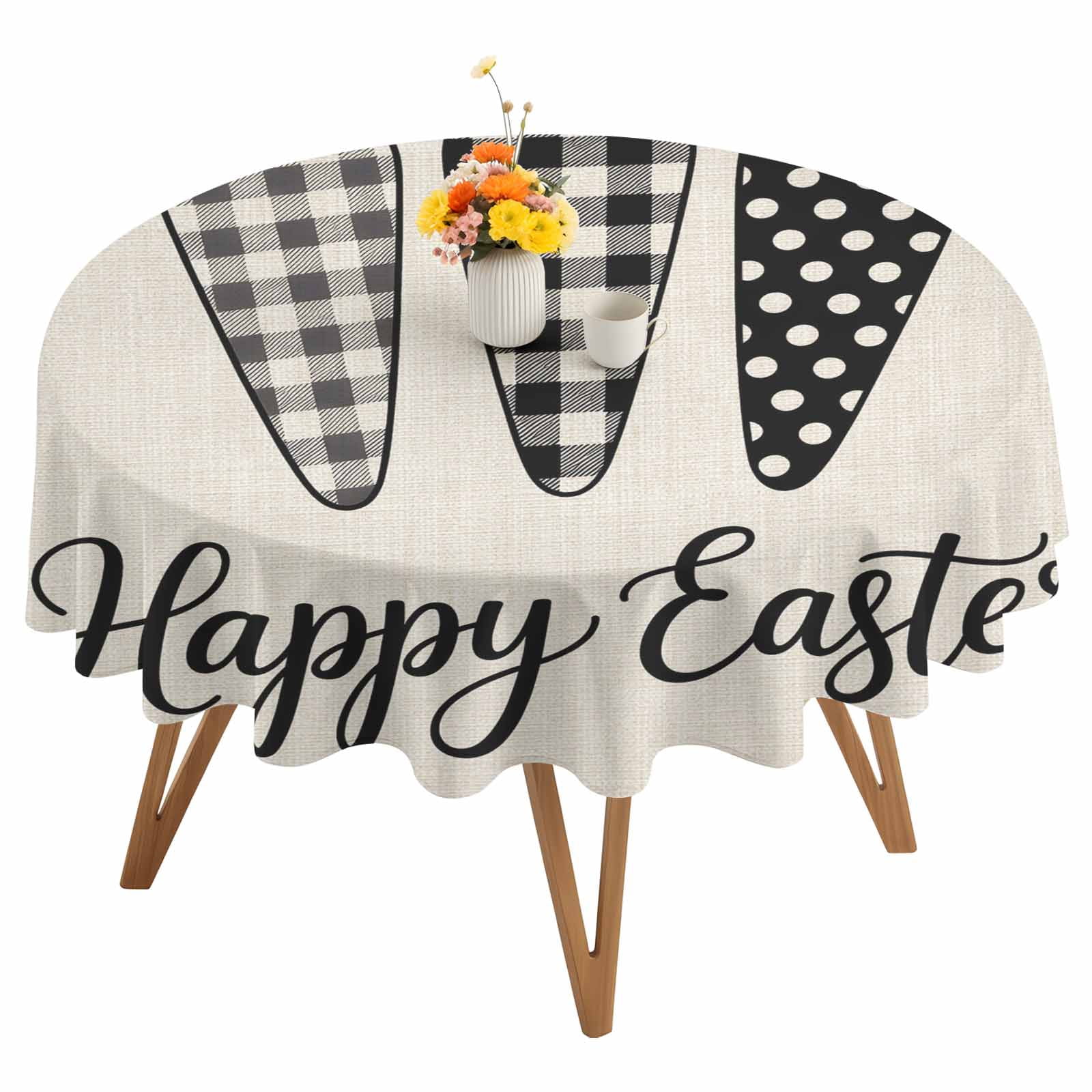 Round Tablecloth Happy Easter Waterproof Oil Proof Polyester Table Cloth Cover Decor for Home Dining Outdoor,Patio,Parties, 60" Dia. Farmhouse Plaid Carrots Linen