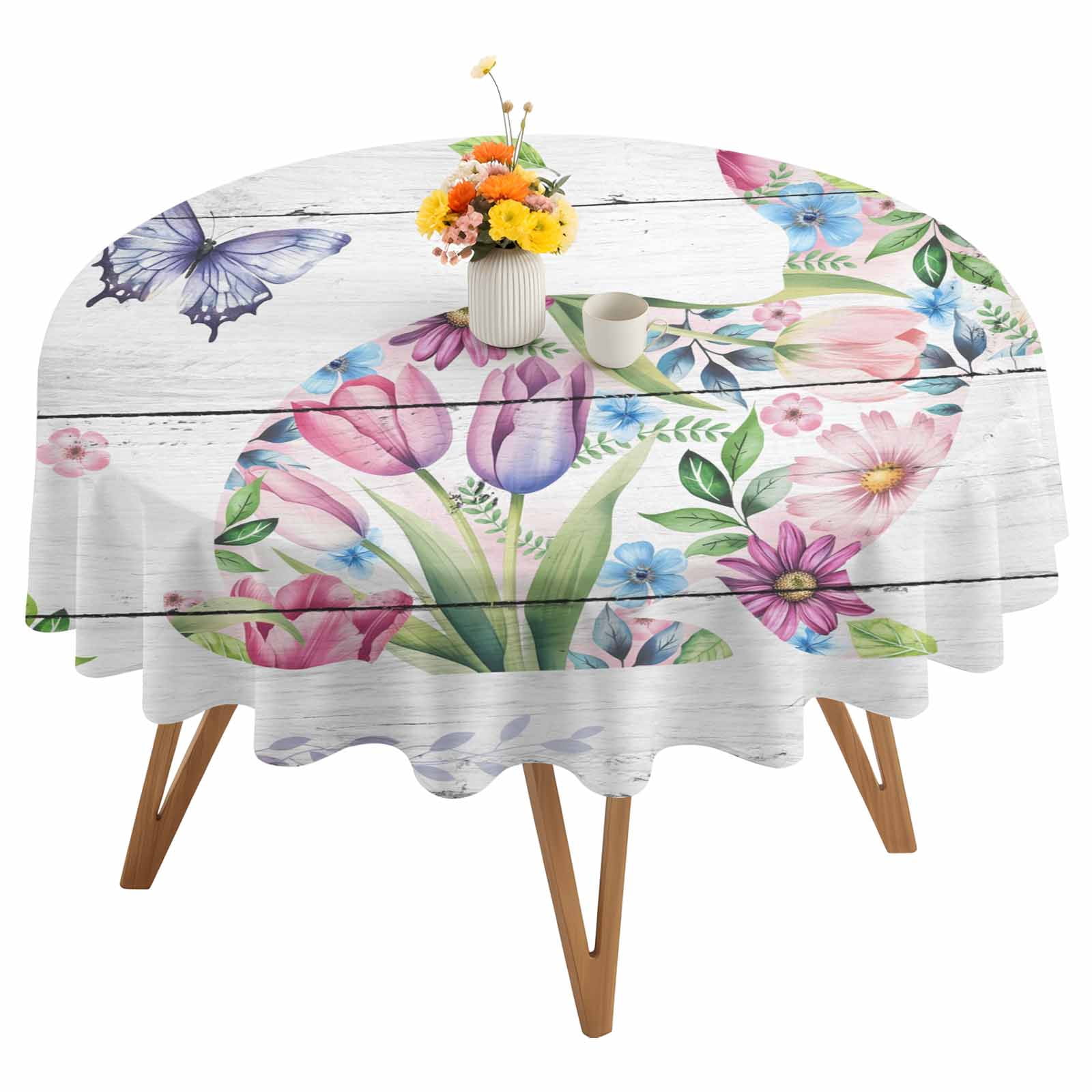 Round Tablecloth Happy Easter Waterproof Oil Proof Polyester Table Cloth Cover Decor for Home Dining Outdoor,Patio,Parties, 60" Dia. Spring Floral Rabbit Bunny Rustic Wood
