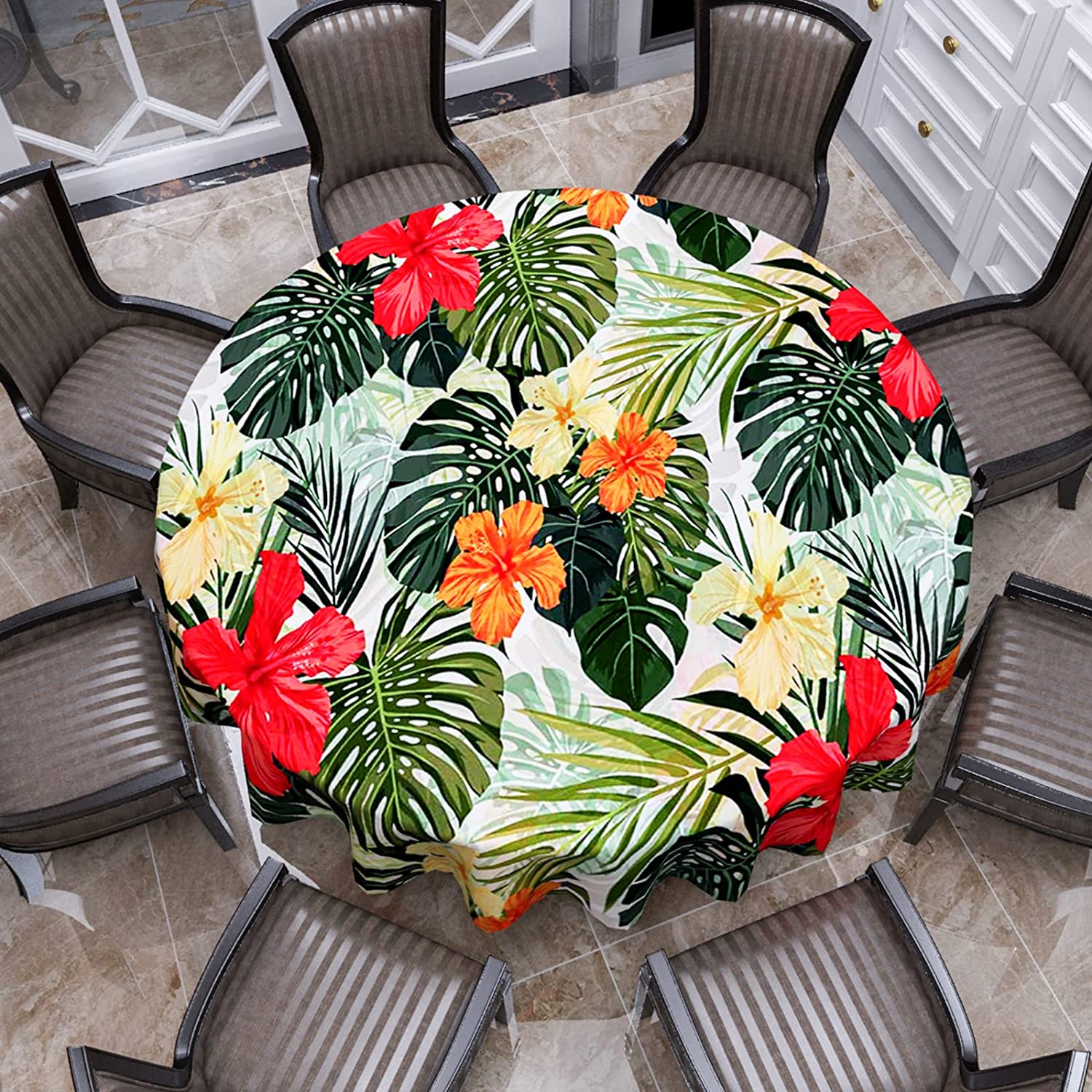 Round Tablecloth, Hawaiian Palm Tree Hibiscus Flowers Plants Tablecloths, Aloha/Luau Theme Party