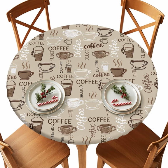 Round Tablecloth Khaki Coffee Cups Elastic Edge Fitted Coffee Lovers Plastic Table Cover,Waterproof Oil Proof for Dinner,Outdoor, Picnic, 55"- 60" DIA Tables
